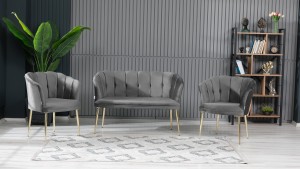 Papatya Çay Seti Koltuk Takımı Babyface Kumaş Gold Kaplama Metal Ayak Füme