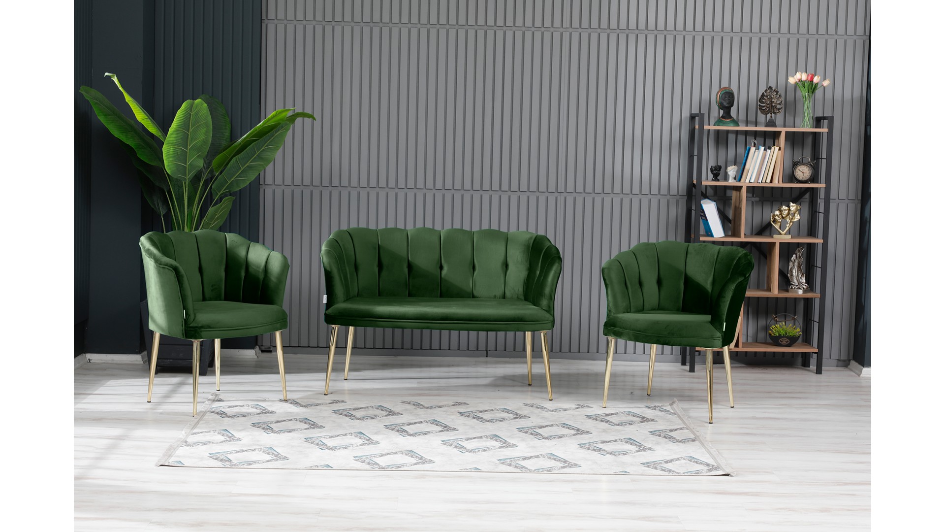 Papatya Çay Seti Koltuk Takımı Babyface Kumaş Gold Kaplama Metal Ayak Yaşil