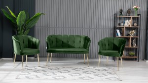 Papatya Çay Seti Koltuk Takımı Babyface Kumaş Gold Kaplama Metal Ayak Yaşil