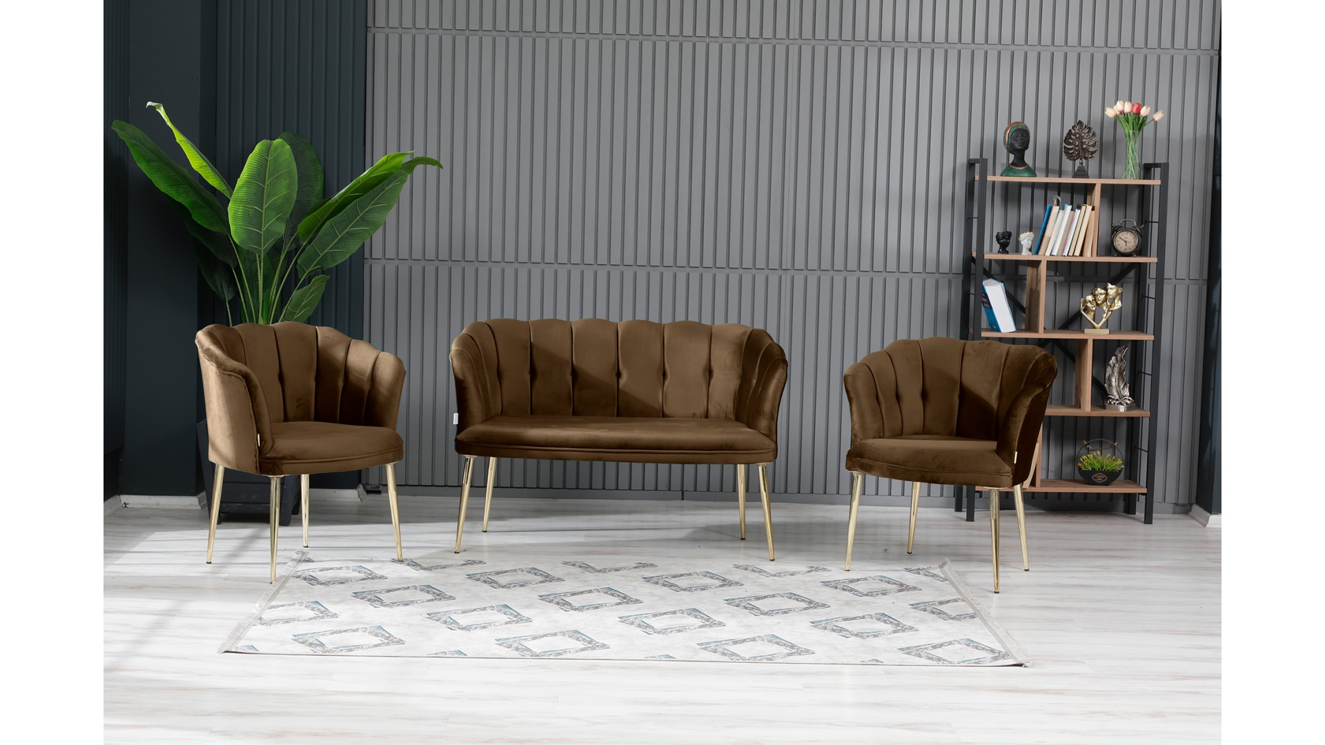 Papatya Çay Seti Koltuk Takımı Babyface Kumaş Gold Kaplama Metal Ayak Kahve