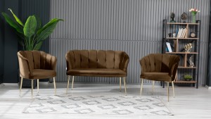 Papatya Çay Seti Koltuk Takımı Babyface Kumaş Gold Kaplama Metal Ayak Kahve