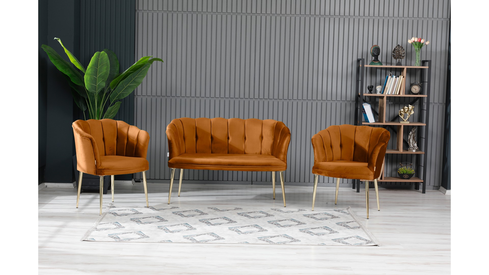 Papatya Çay Seti Koltuk Takımı Babyface Kumaş Gold Kaplama Metal Ayak Kiremit