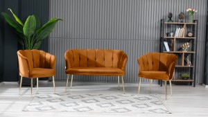 Papatya Çay Seti Koltuk Takımı Babyface Kumaş Gold Kaplama Metal Ayak Kiremit