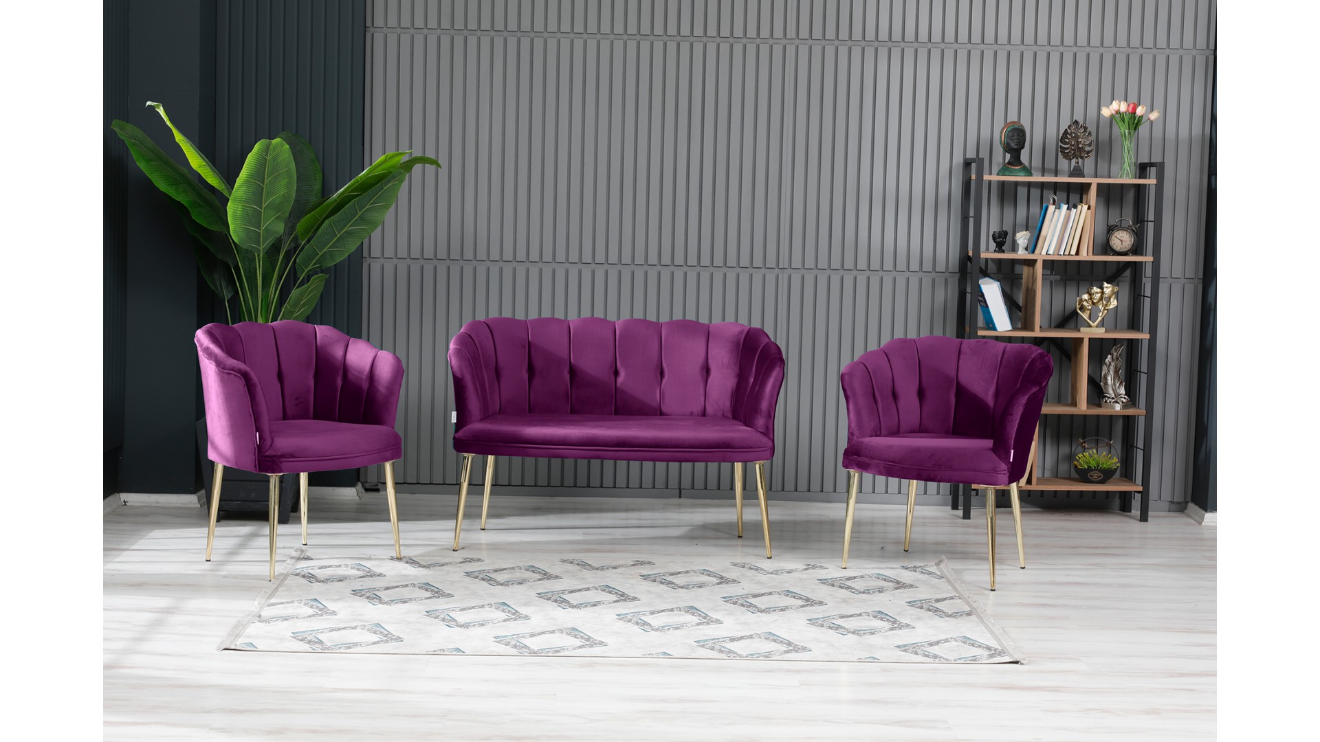 Papatya Çay Seti Koltuk Takımı Babyface Kumaş Gold Kaplama Metal Ayak Mürdüm