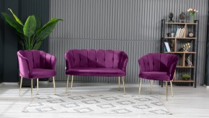 Papatya Çay Seti Koltuk Takımı Babyface Kumaş Gold Kaplama Metal Ayak Mürdüm