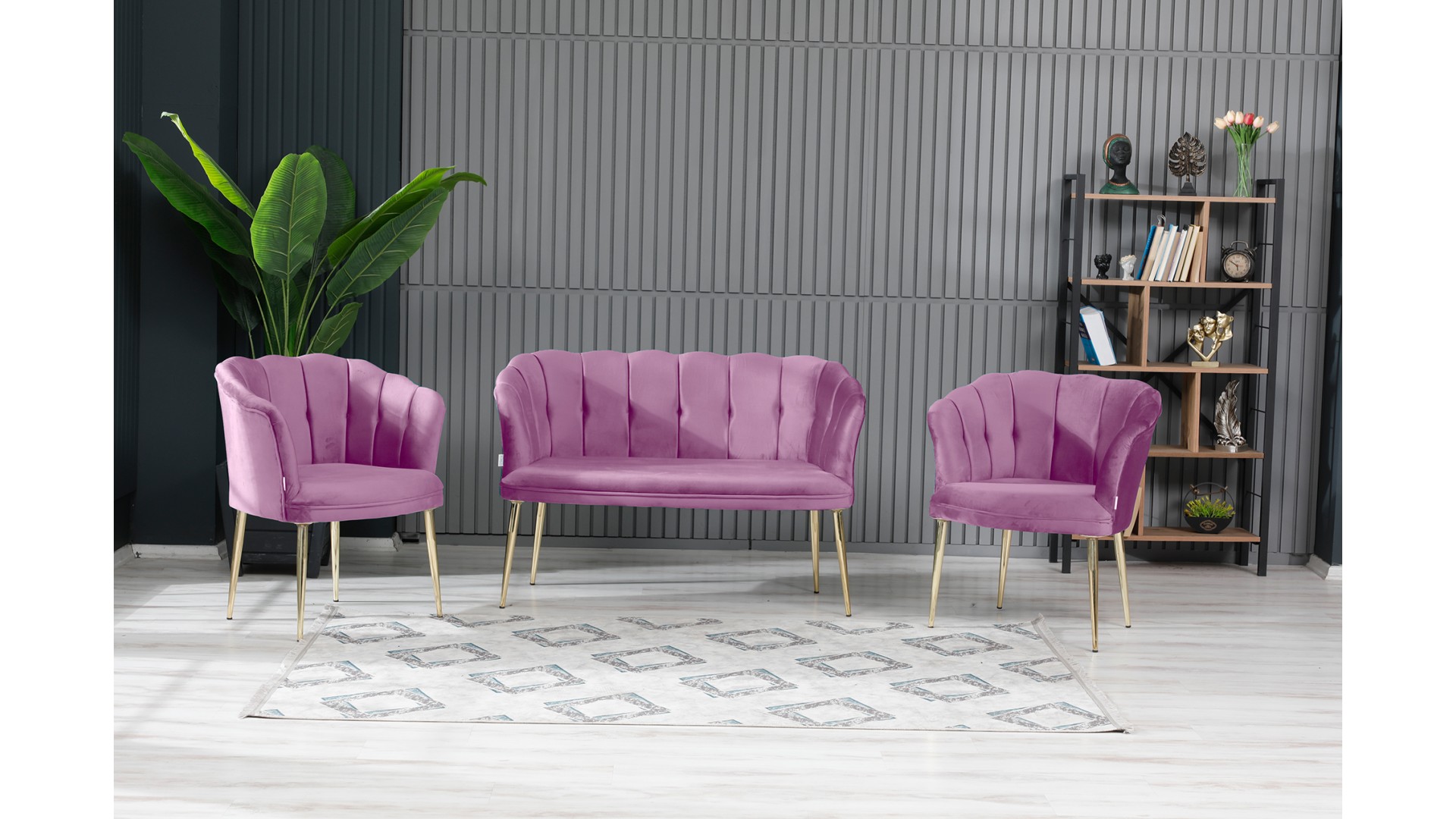 Papatya Çay Seti Koltuk Takımı Babyface Kumaş Gold Kaplama Metal Ayak Pembe