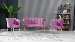 Papatya Çay Seti Koltuk Takımı Babyface Kumaş Gold Kaplama Metal Ayak Pembe