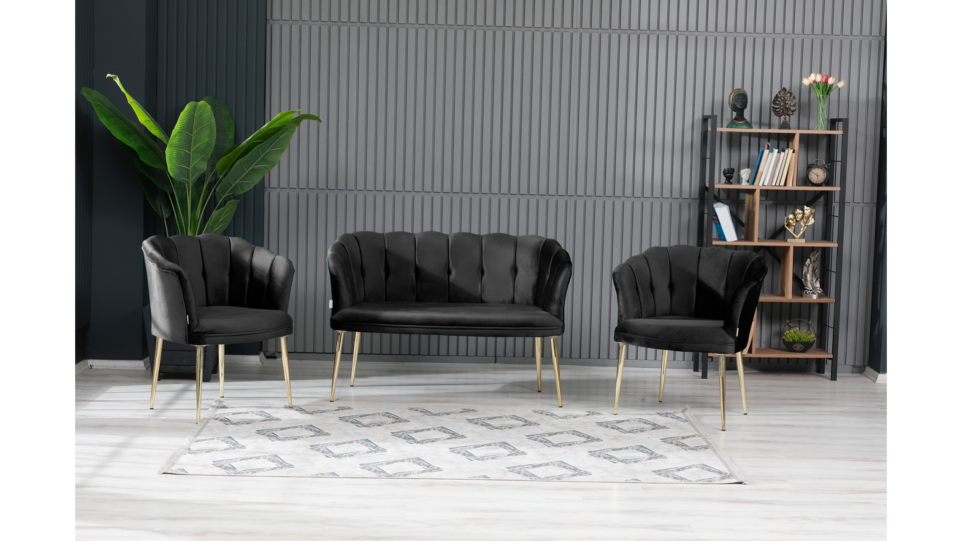 Papatya Çay Seti Koltuk Takımı Babyface Kumaş Gold Kaplama Metal Ayak Siyah