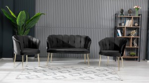 Papatya Çay Seti Koltuk Takımı Babyface Kumaş Gold Kaplama Metal Ayak Siyah