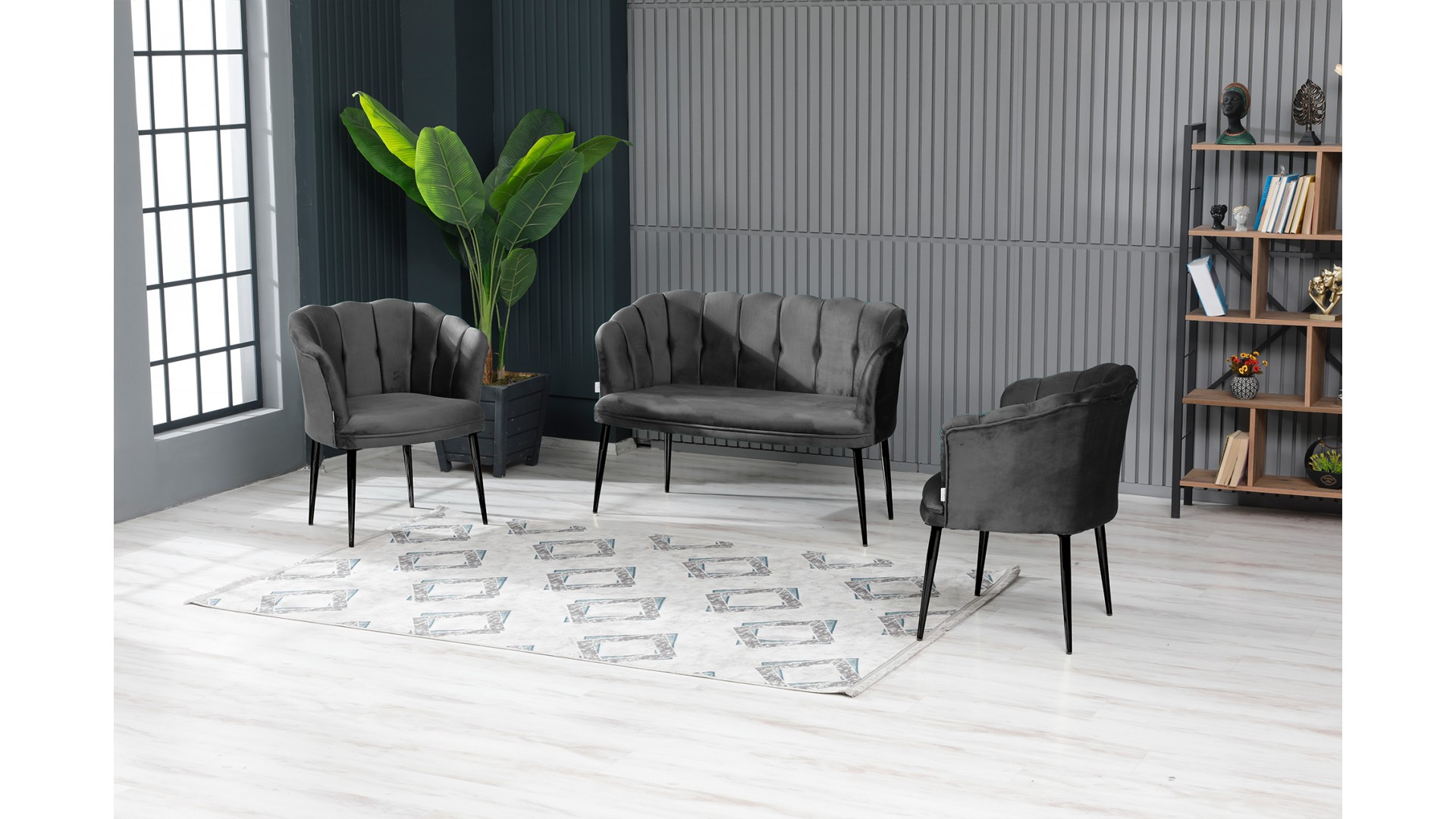 Papatya Çay Seti Koltuk Takımı Babyface Kumaş Siyah Metal Ayak Füme