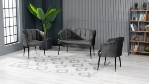 Papatya Çay Seti Koltuk Takımı Babyface Kumaş Siyah Metal Ayak Füme