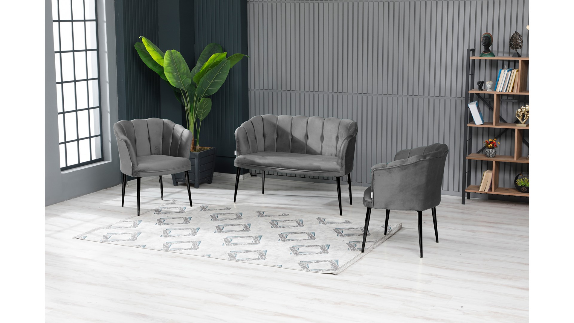 Papatya Çay Seti Koltuk Takımı Babyface Kumaş Gold Siyah Metal Ayak Gri