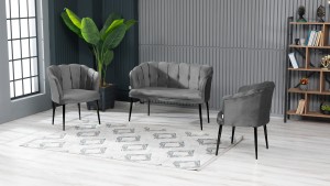 Papatya Çay Seti Koltuk Takımı Babyface Kumaş Gold Siyah Metal Ayak Gri