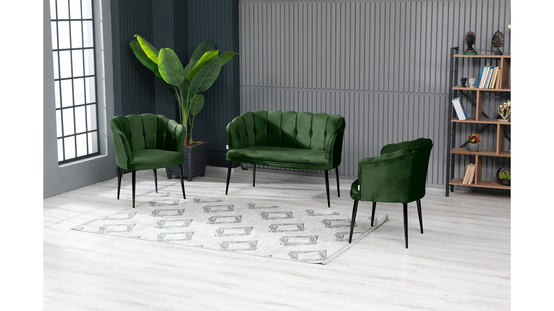 Papatya Çay Seti Koltuk Takımı Babyface Kumaş Siyah Metal Ayak Yaşil