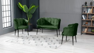 Papatya Çay Seti Koltuk Takımı Babyface Kumaş Siyah Metal Ayak Yaşil