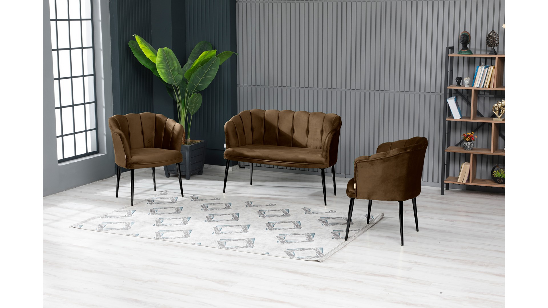 Papatya Çay Seti Koltuk Takımı Babyface Kumaş Siyah Metal Ayak Kahve