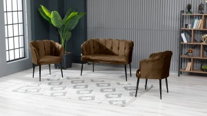 Papatya Çay Seti Koltuk Takımı Babyface Kumaş Siyah Metal Ayak Kahve