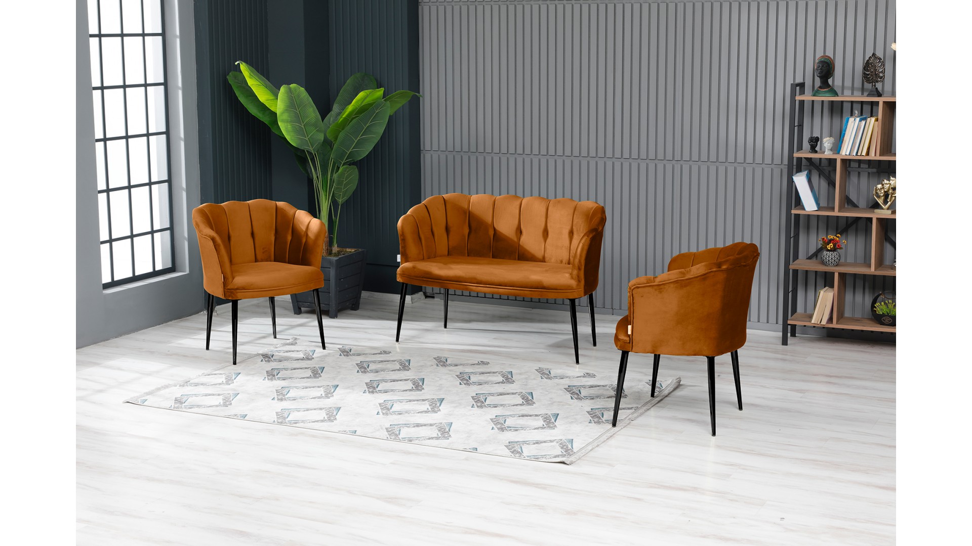 Papatya Çay Seti Koltuk Takımı Babyface Kumaş Siyah Metal Ayak Kiremit