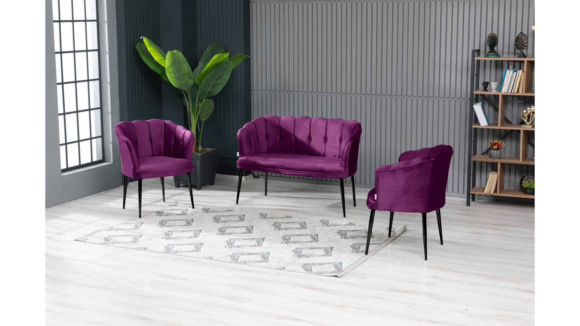 Papatya Çay Seti Koltuk Takımı Babyface Kumaş Siyah Metal Ayak Mürdüm