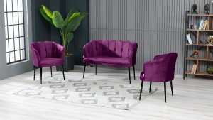 Papatya Çay Seti Koltuk Takımı Babyface Kumaş Siyah Metal Ayak Mürdüm