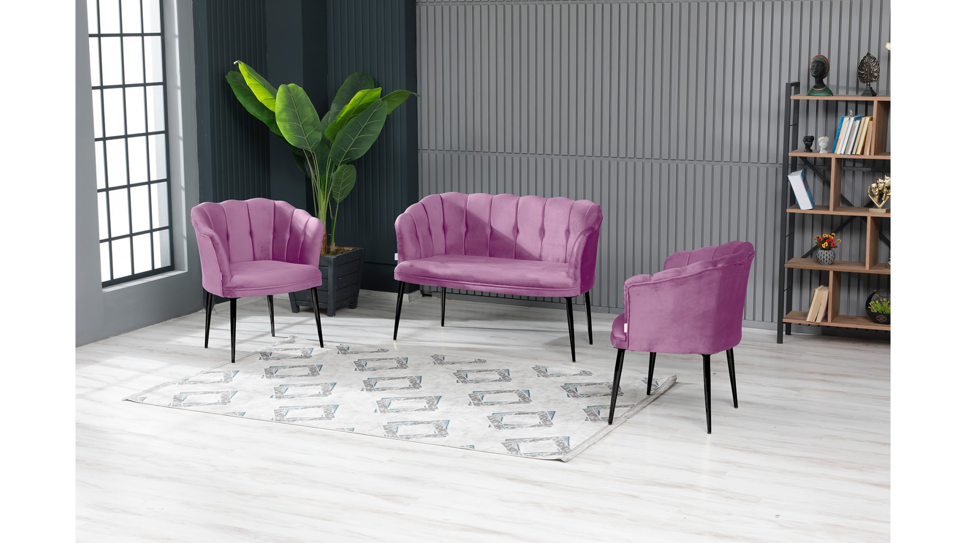 Papatya Çay Seti Koltuk Takımı Babyface Kumaş Siyah Metal Ayak Pembe