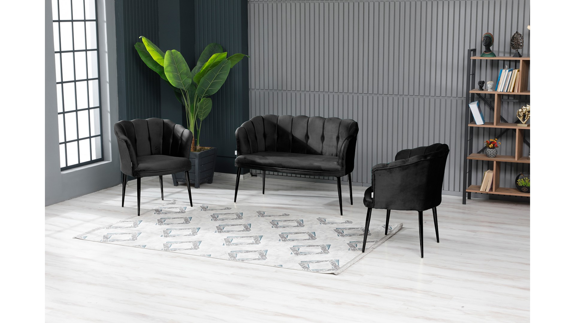 Papatya Çay Seti Koltuk Takımı Babyface Kumaş Siyah Metal Ayak Siyah