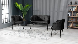 Papatya Çay Seti Koltuk Takımı Babyface Kumaş Siyah Metal Ayak Siyah