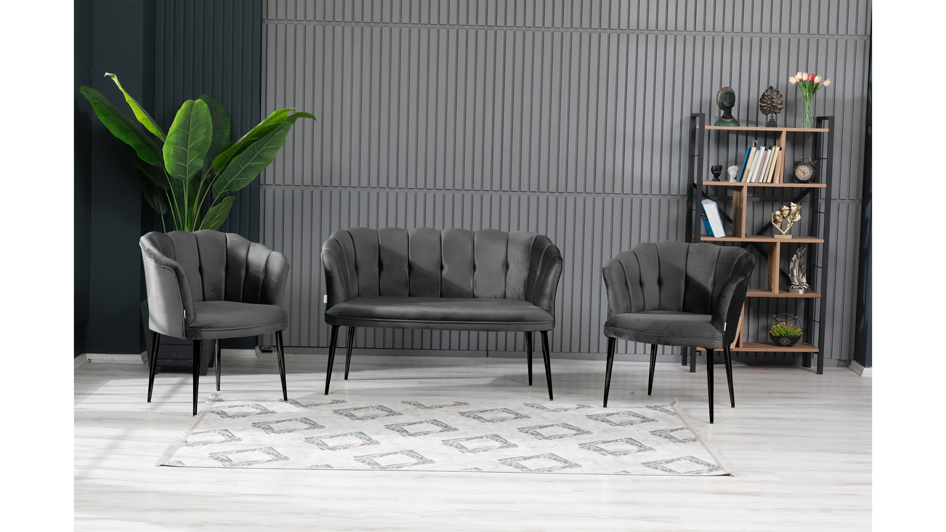 Papatya Çay Seti Koltuk Takımı Babyface Kumaş Siyah Metal Ayak Füme