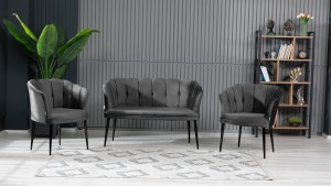 Papatya Çay Seti Koltuk Takımı Babyface Kumaş Siyah Metal Ayak Füme