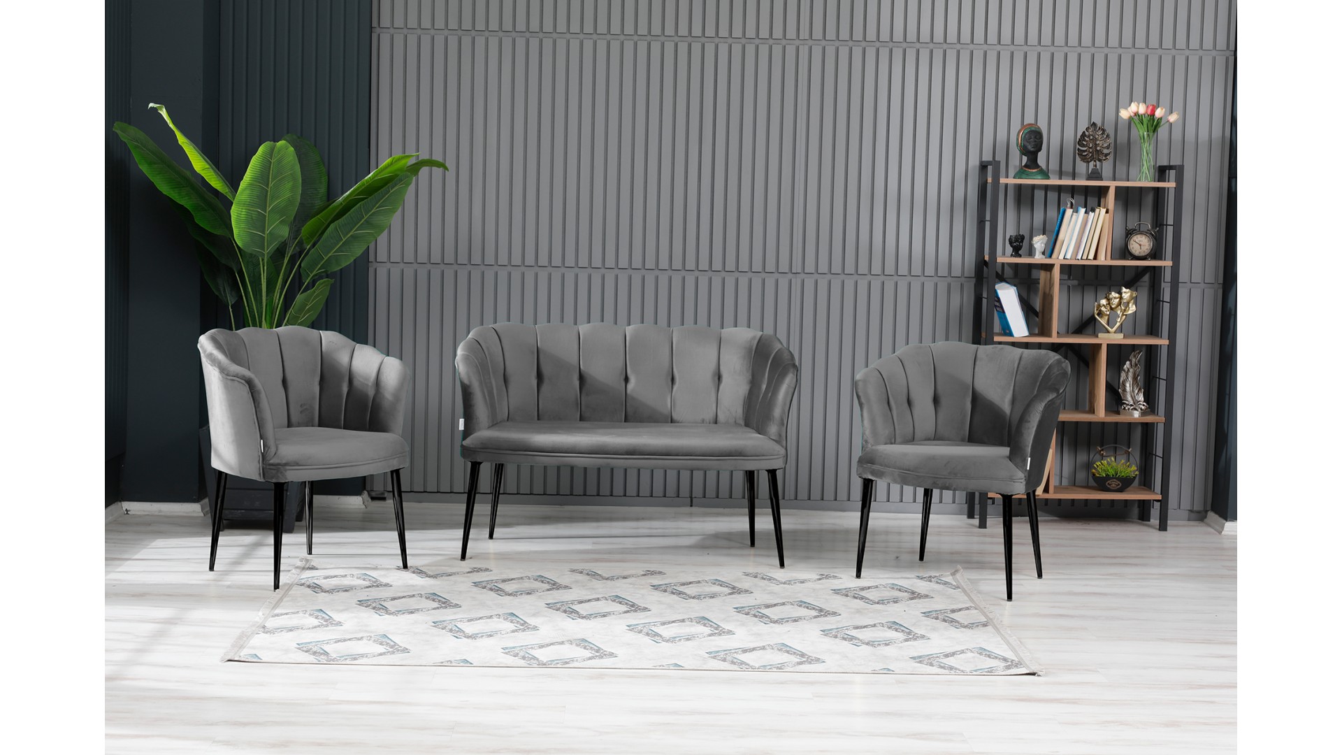 Papatya Çay Seti Koltuk Takımı Babyface Kumaş Gold Siyah Metal Ayak Gri