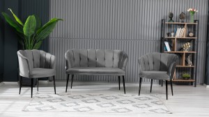 Papatya Çay Seti Koltuk Takımı Babyface Kumaş Gold Siyah Metal Ayak Gri