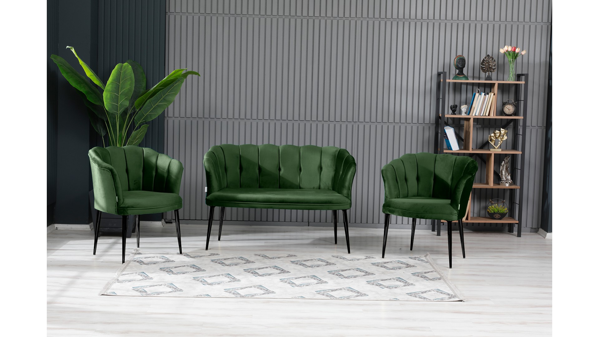 Papatya Çay Seti Koltuk Takımı Babyface Kumaş Siyah Metal Ayak Yaşil