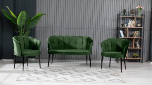 Papatya Çay Seti Koltuk Takımı Babyface Kumaş Siyah Metal Ayak Yaşil