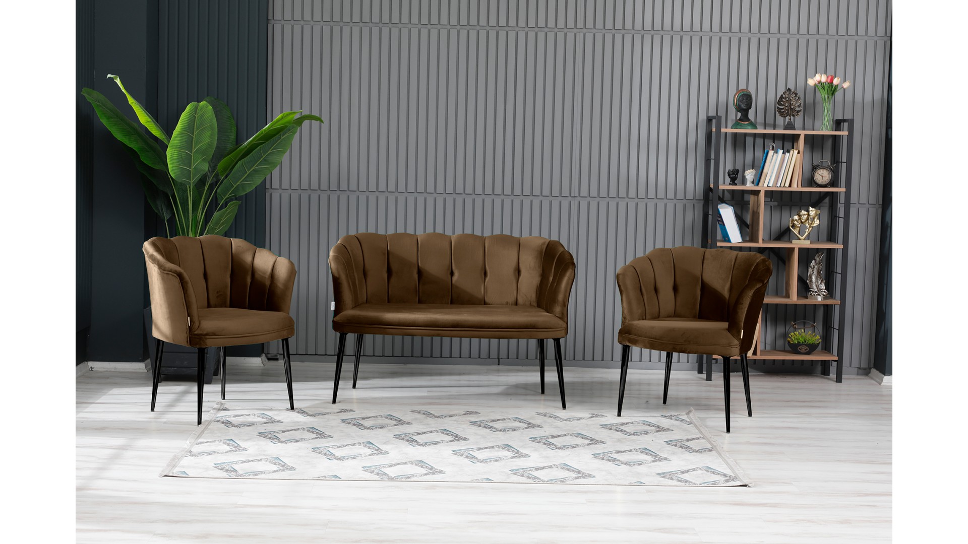 Papatya Çay Seti Koltuk Takımı Babyface Kumaş Siyah Metal Ayak Kahve