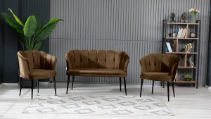 Papatya Çay Seti Koltuk Takımı Babyface Kumaş Siyah Metal Ayak Kahve