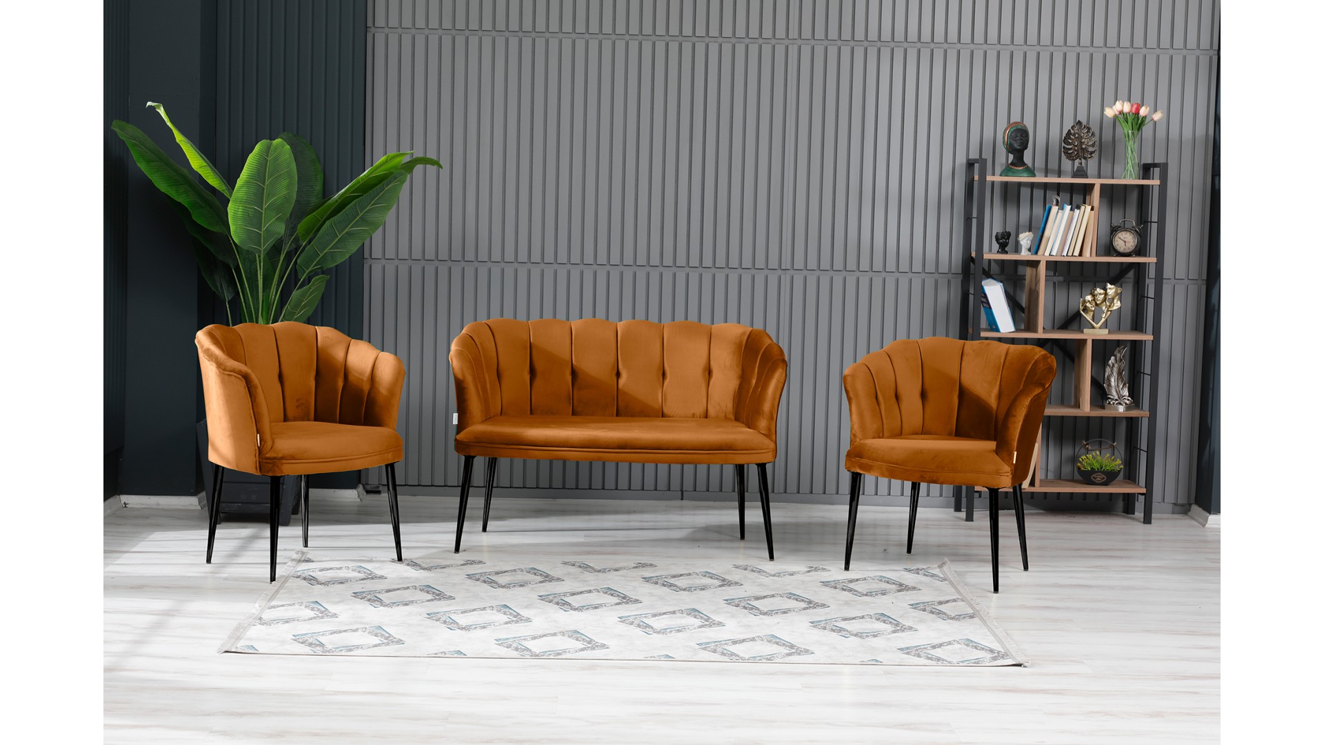 Papatya Çay Seti Koltuk Takımı Babyface Kumaş Siyah Metal Ayak Kiremit