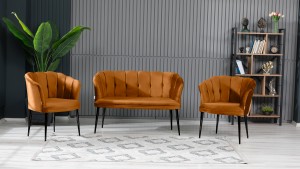 Papatya Çay Seti Koltuk Takımı Babyface Kumaş Siyah Metal Ayak Kiremit