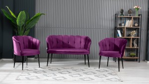 Papatya Çay Seti Koltuk Takımı Babyface Kumaş Siyah Metal Ayak Mürdüm