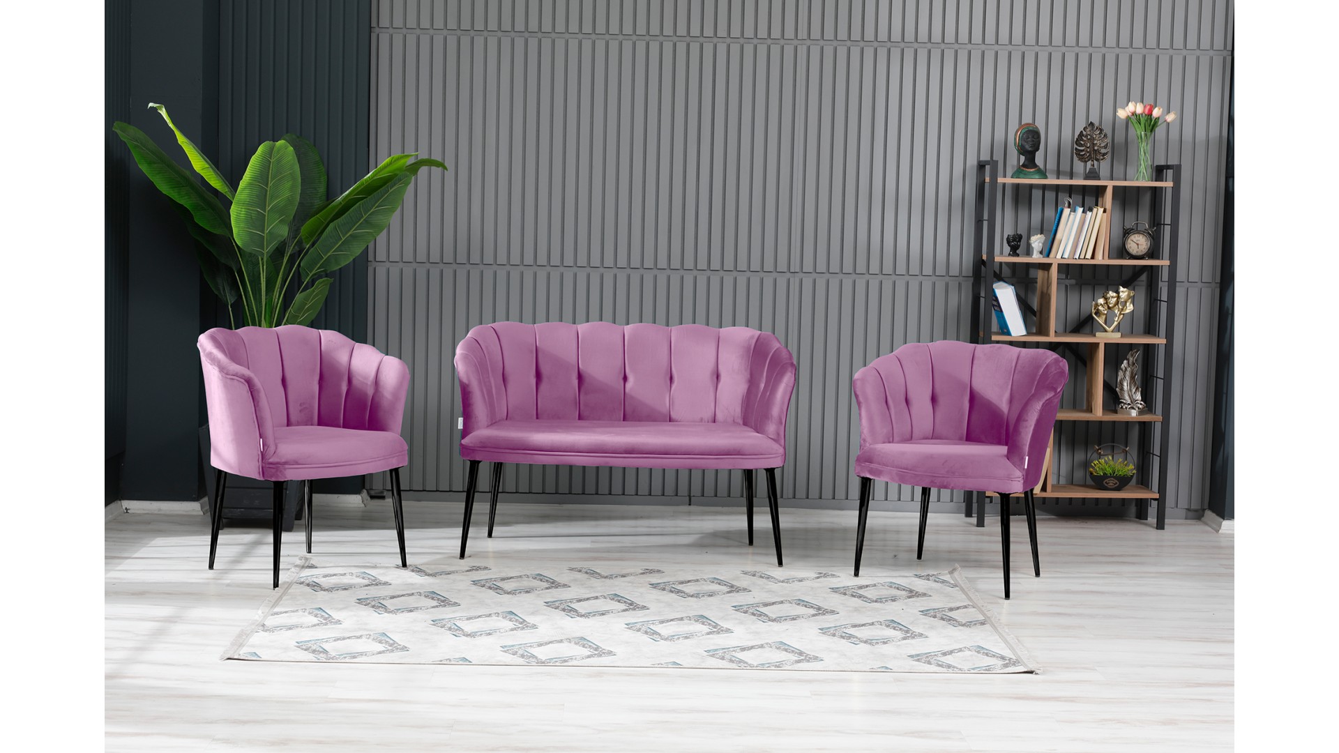 Papatya Çay Seti Koltuk Takımı Babyface Kumaş Siyah Metal Ayak Pembe