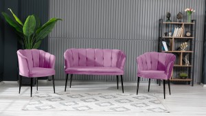 Papatya Çay Seti Koltuk Takımı Babyface Kumaş Siyah Metal Ayak Pembe