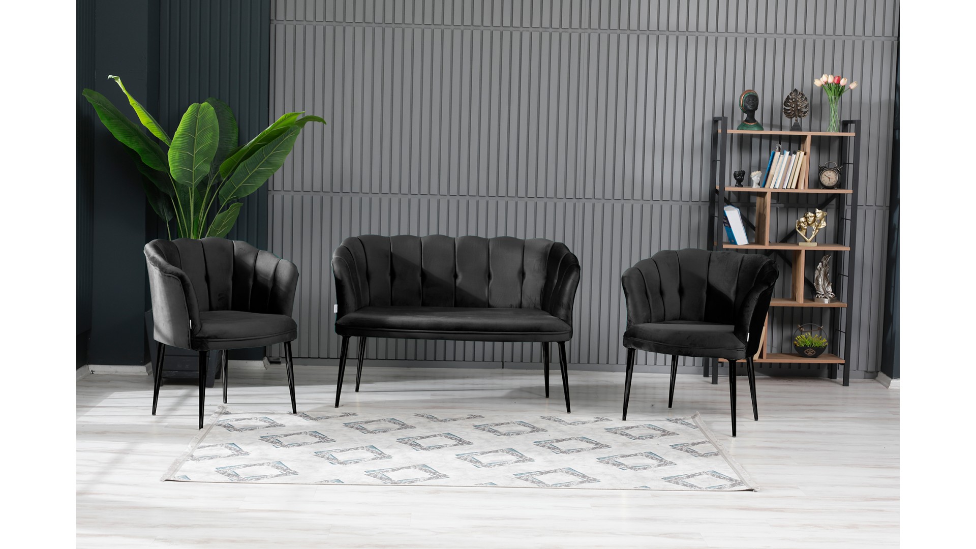 Papatya Çay Seti Koltuk Takımı Babyface Kumaş Siyah Metal Ayak Siyah