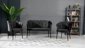 Papatya Çay Seti Koltuk Takımı Babyface Kumaş Siyah Metal Ayak Siyah