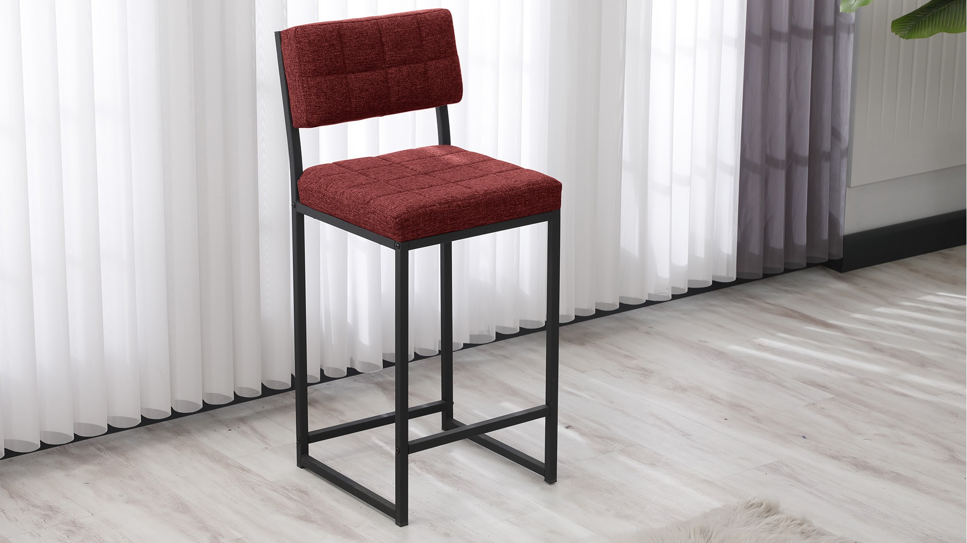 Retro Ada Bar Mutfak Masa Takımı 4 Sandalye Keten Kumaş Bordo 1 Masa Siyah Mermer Desenli