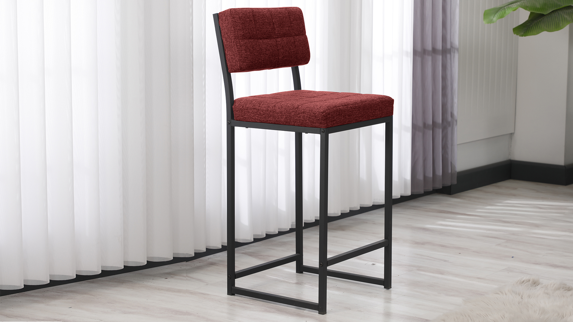 Retro Ada Bar Mutfak Masa Takımı 4 Sandalye Keten Kumaş Bordo 1 Masa Siyah Mermer Desenli