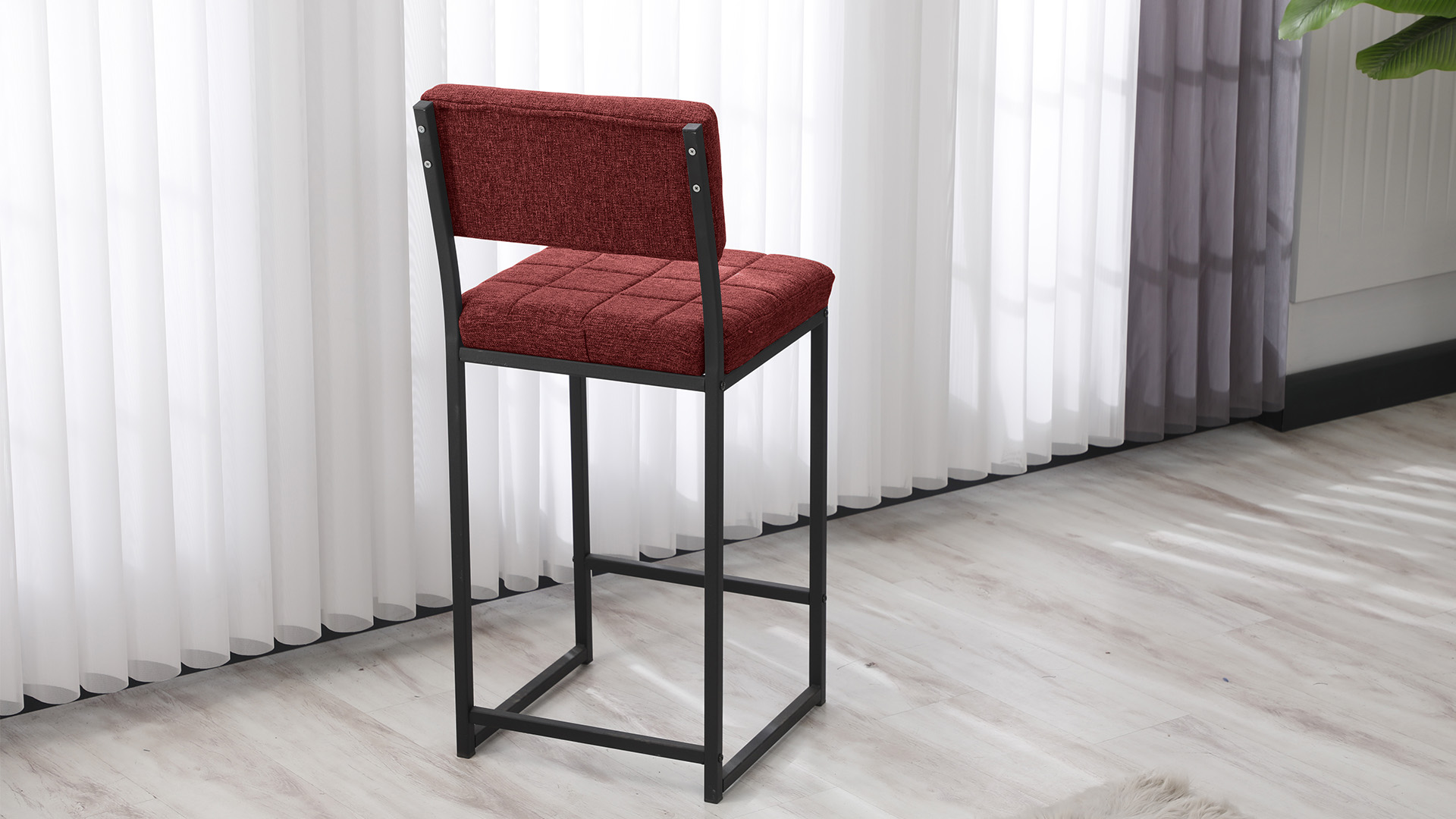 Retro Ada Bar Mutfak Masa Takımı 4 Sandalye Keten Kumaş Bordo 1 Masa Siyah Mermer Desenli