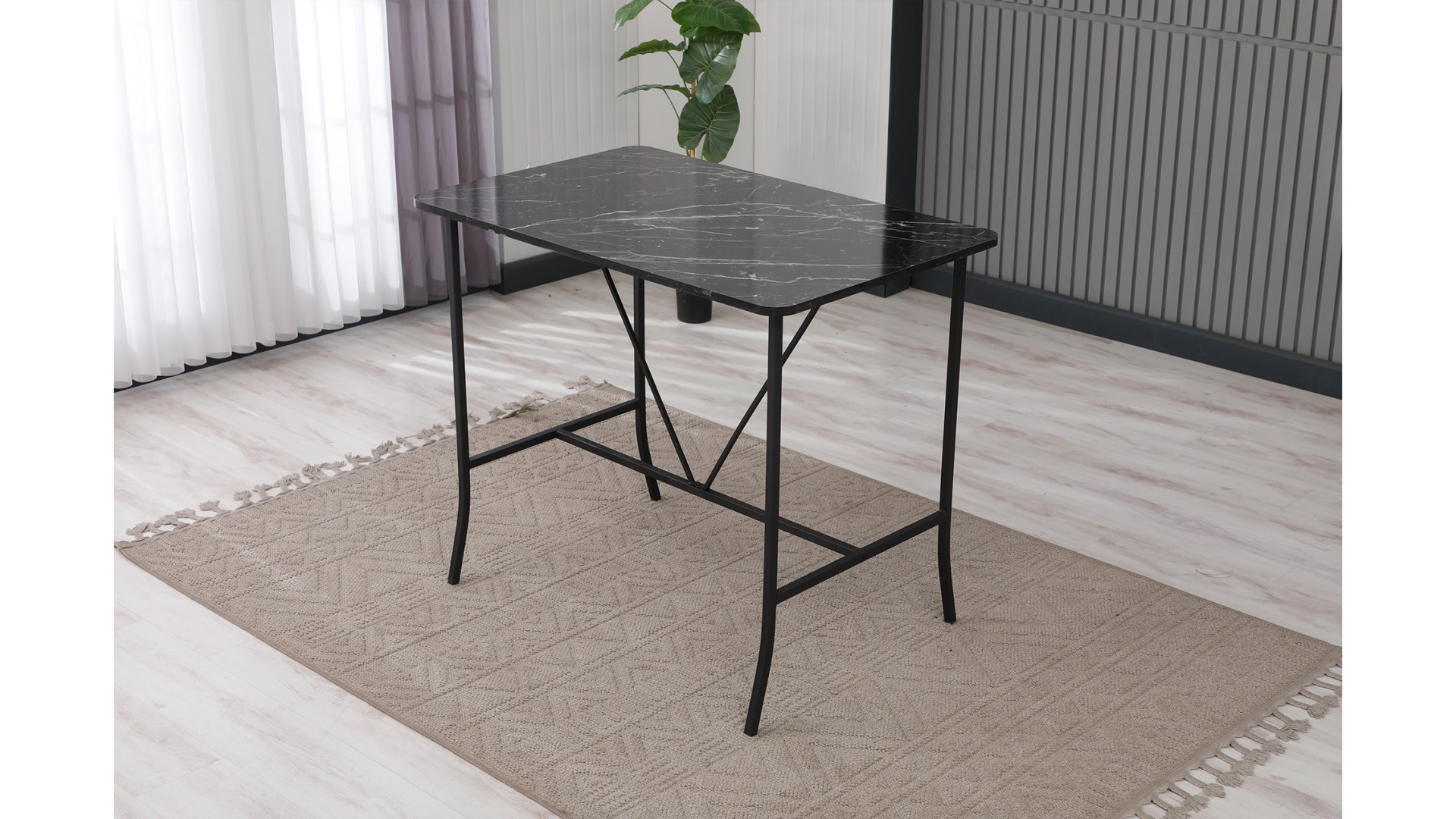 Retro Ada Bar Mutfak Masa Takımı 4 Sandalye Keten Kumaş Gri 1 Masa Siyah Mermer Desenli