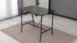 Retro Ada Bar Mutfak Masa Takımı 4 Sandalye Keten Kumaş Gri 1 Masa Siyah Mermer Desenli