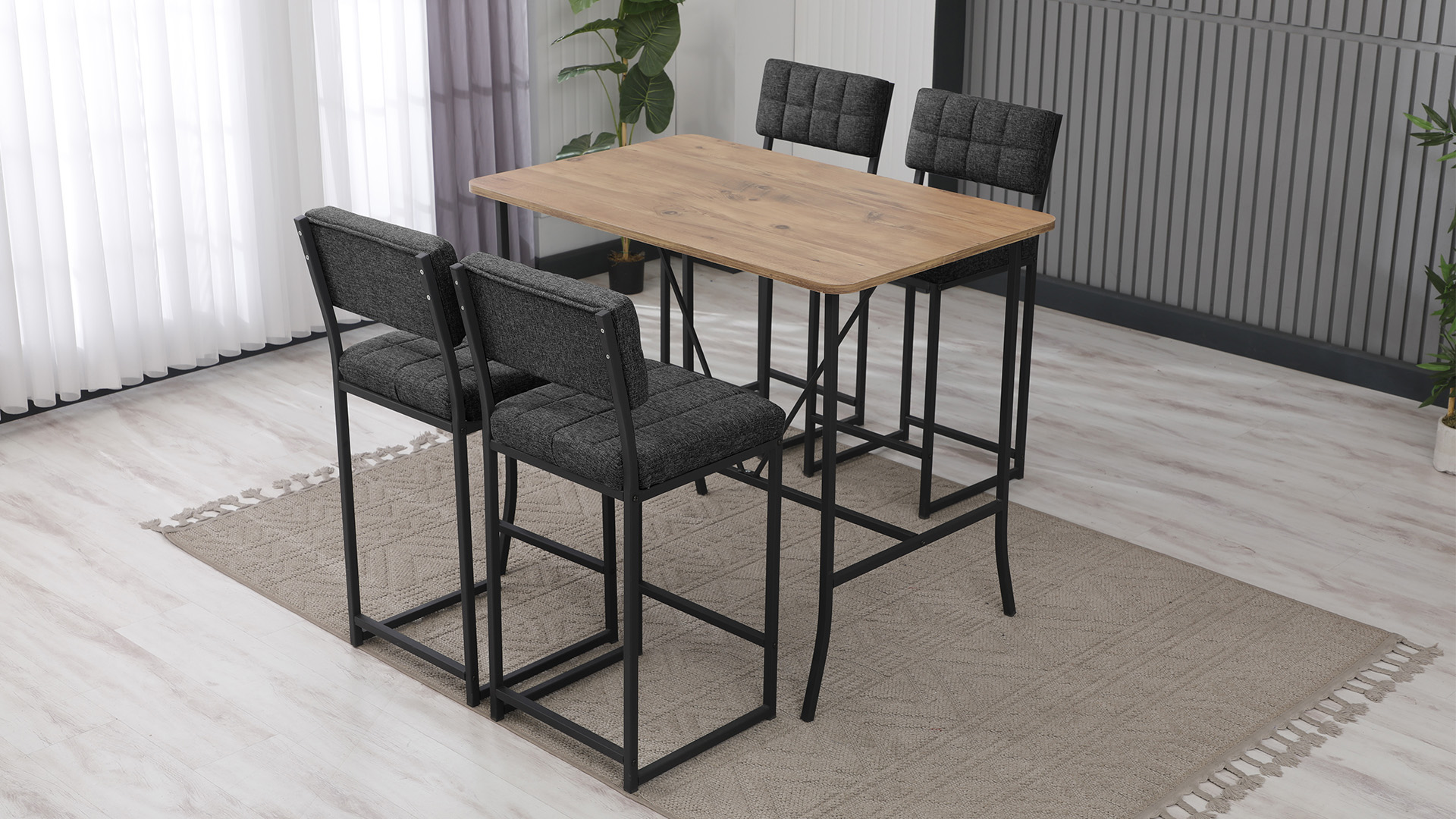 Retro Ada Bar Mutfak Masa Takımı 4 Sandalye Keten Kumaş Füme 1 Masa Ceviz