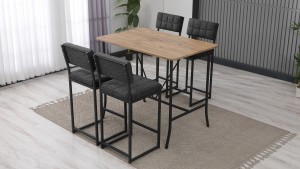 Retro Ada Bar Mutfak Masa Takımı 4 Sandalye Keten Kumaş Füme 1 Masa Ceviz