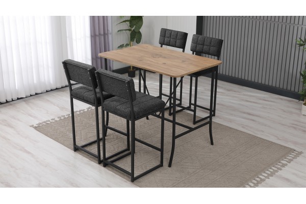 Retro Bar Masa Sandalye Takımı, 4 Sandalye 1  Sabit Masa  110x70 Cm, Keten Kumaş Füme
